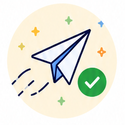 Illustration of a paper airplane and success check